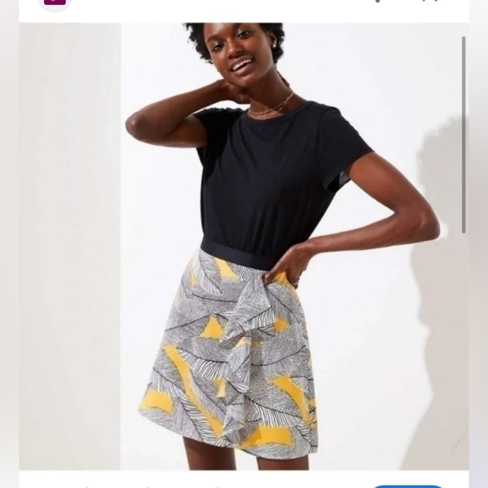 LOFT A-Line Skirt Women Multicolor Ruffled Front Leaf Pattern Size 6 Yellow NEW